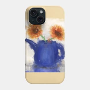 An Artistic Painting of a Blue Watering Can with 2 Orange Flowers Phone Case