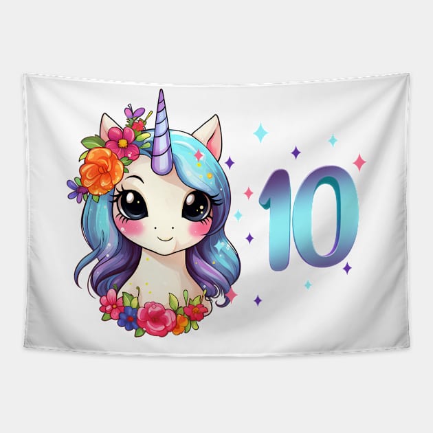 I am 10 with unicorn - girl birthday 10 years old Tapestry by Modern Medieval Design