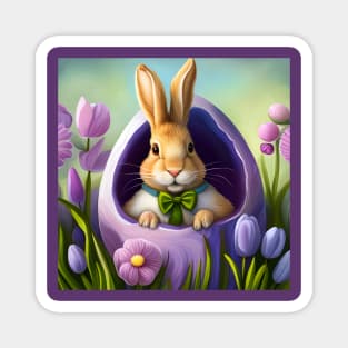 Cartoon Bunny popping out of Lilac Easter Egg surrounded by Flowers Magnet