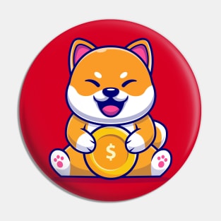 Cute Shiba Inu Dog With Gold Coin Cartoon Pin