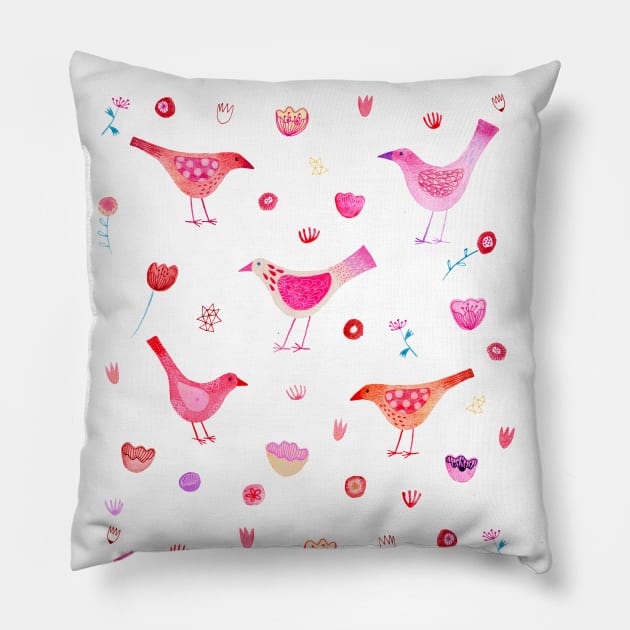 Birds and Flowers Watercolor Art Pillow by NicSquirrell