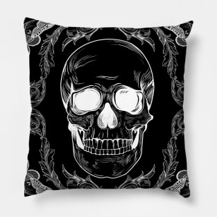 Filigree skull white on black Pillow