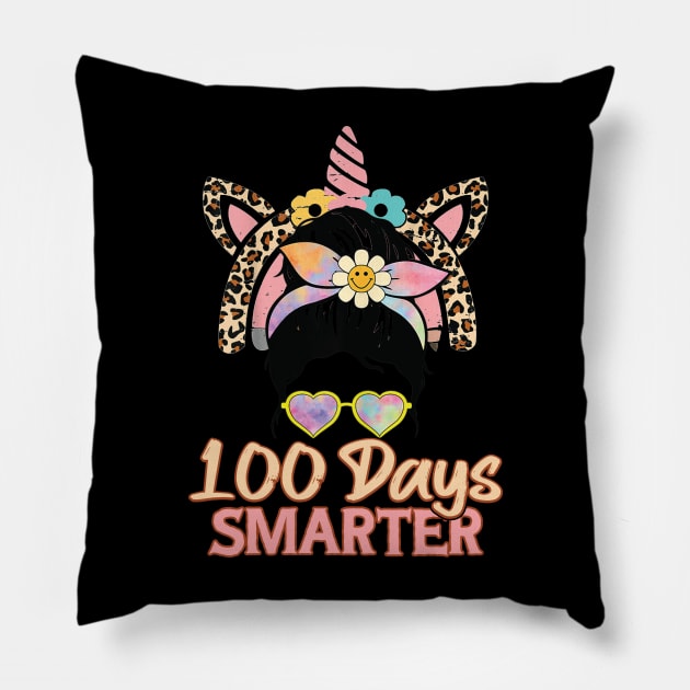 100 Days Smarter Girls Messy Bun Hair 100th Day Of School Pillow by Artyui