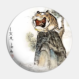 Tiger Roaring on Mountain Top Pin