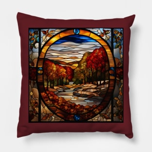 Stained Glass Window Of Autumn Scene Pillow