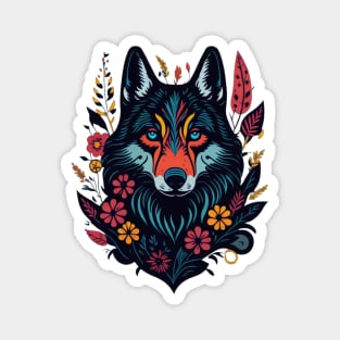 Colorful wolf with flowers Magnet