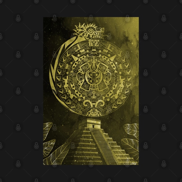 gold quetzalcoatl and the aztec calendar in teotihuacan ecopop mexican pattern by jorge_lebeau