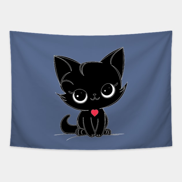 Black kitten, red heart Tapestry by NATLEX