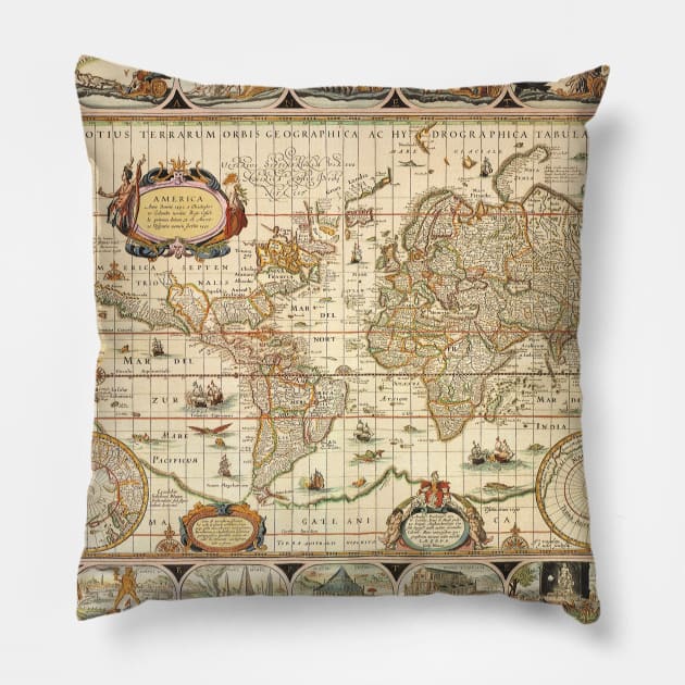 Antique Old World Map by Willem Blaeu, c. 1630 Pillow by MasterpieceCafe