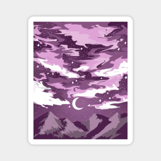 Pink cloudy sky above mountains with a crescent moon Magnet