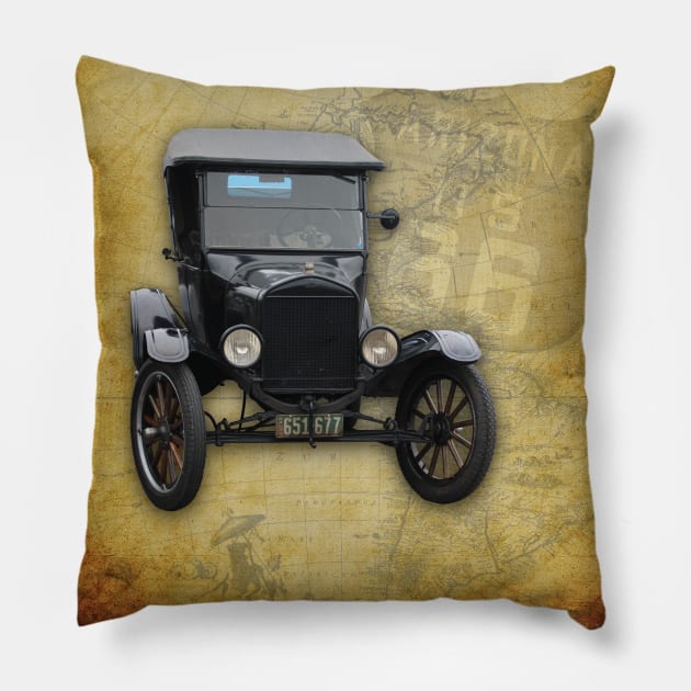 Antique Car on Old Route 66 on and Map Pillow by ButterflyInTheAttic