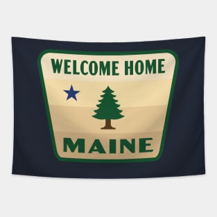 Welcome Home Maine Retro Pine Tree Badge (Tan) Tapestry