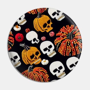 Embroidery stitch pumpkins and skulls in Mexican style with beads and fur pattern Pin