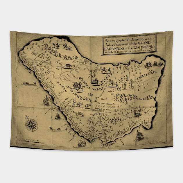 Vintage Barbados Pictorial Map (1657) Tapestry by Bravuramedia