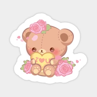 Pink Rose Floral Valentine Teddy Bear Hugging a Heart Magnet