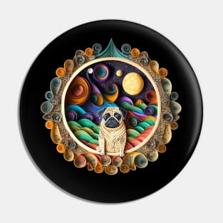 Pug Dog in Space Full Moon Planets Stars Cute Art Whimsical Pin