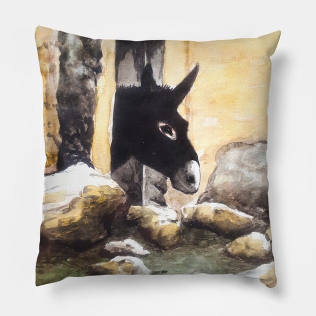 At the Window - Donkey Portrait Watercolor Pillow by BluedarkArt