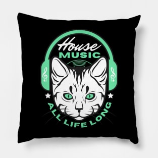 HOUSE MUSIC  - Headphone Cat (Green) Pillow