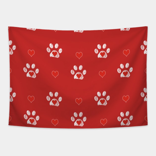 White doodle paw prints red hearts Tapestry by GULSENGUNEL