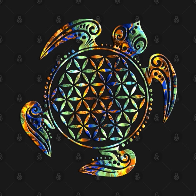 FLOWER OF LIFE SEA TURTLE - green blue orange by EDDArt