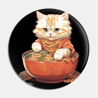 Cat Noodle Delight T-Shirt: Orange & White Cartoon Kitty Eating Animated Noodles Pin