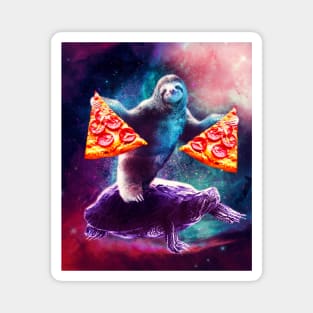 Funny Space Sloth With Pizza Riding On Turtle Magnet