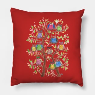 Lots of Colorful Owls in A Tree Pillow