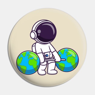 Cute Astronaut Lifting Earth Barbell Cartoon Pin