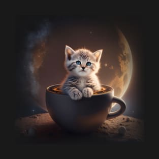 Funny Kitty Cat sitting in a Coffee Mug Space & Galaxy Theme T-Shirt