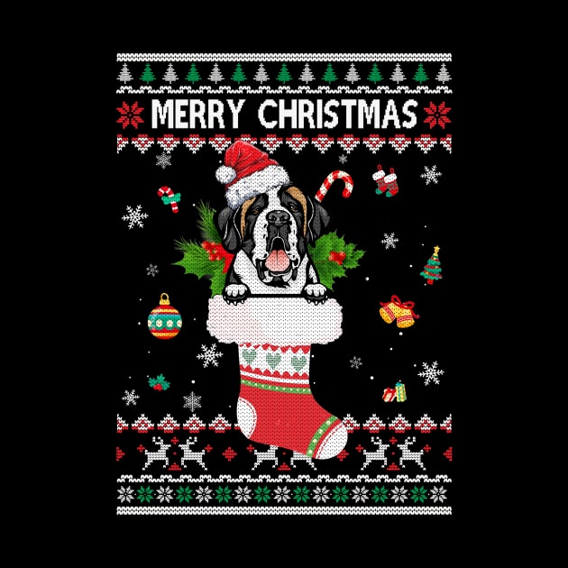 Merry Christmas Saint Bernard In Sock Dog Funny Ugly Xmas by Marks Kayla