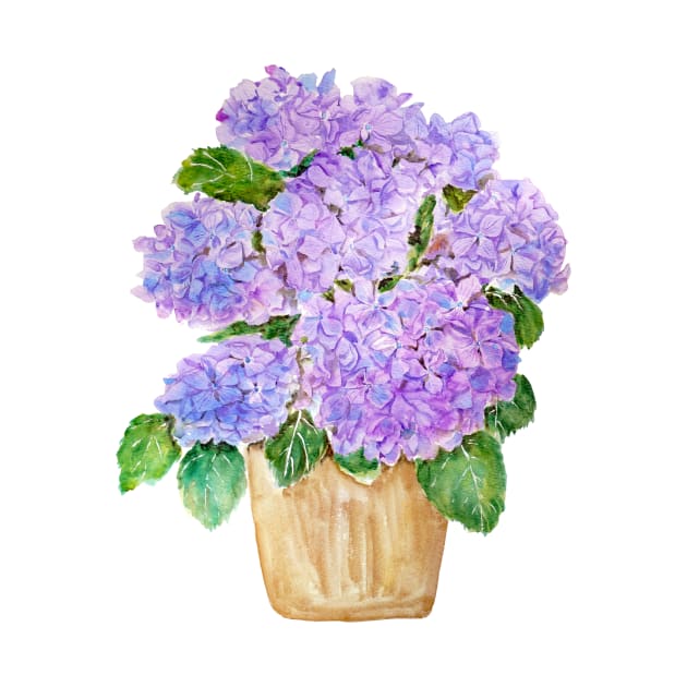 blue purple hydrangea in golden pot watercolor by colorandcolor