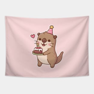 Cute Otter With Birthday Cake Tapestry