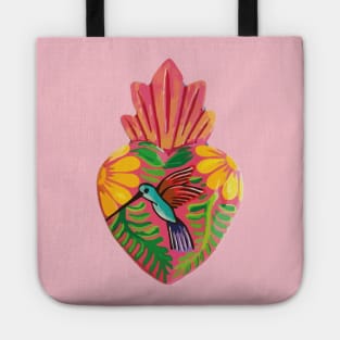 Mexican folk art sacred heart Oaxacan wood carving hand painted flower hummingbird milagrito bold pink decoration Tote