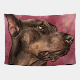 Painting of a Gorgeous a Brown Doberman on Dark Pink Background Tapestry