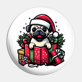 Pug In Present Dog Christmas Festive Santa Hat Pin