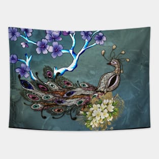 Wonderful elegant peacock with flowers Tapestry