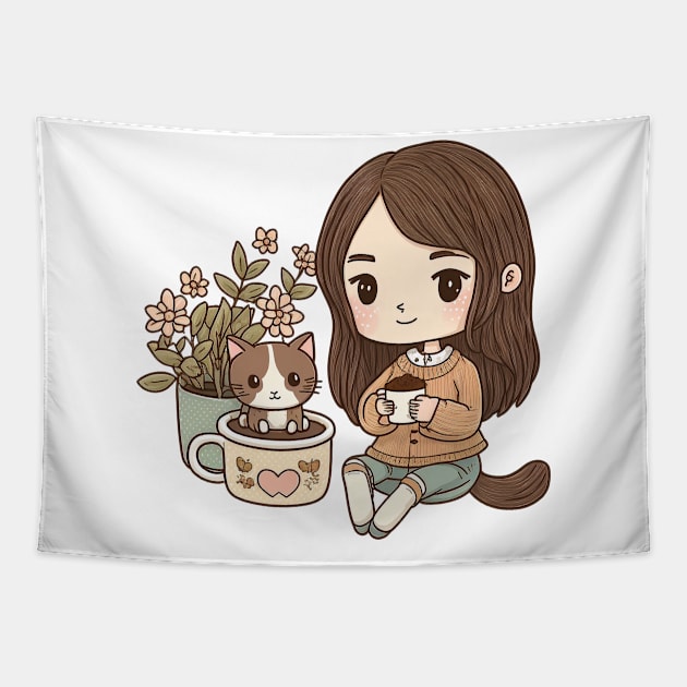 Chibi Cat Hot Chocolate Mom Tapestry by ShirtStories