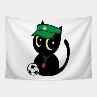 Cute Black Cat Playing Soccer Tapestry