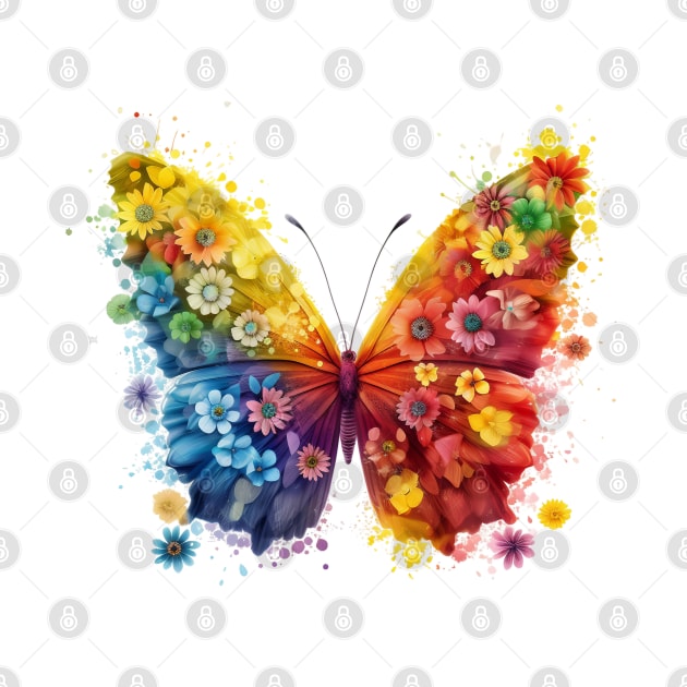 Rainbow butterfly with flowers by Mimeographics