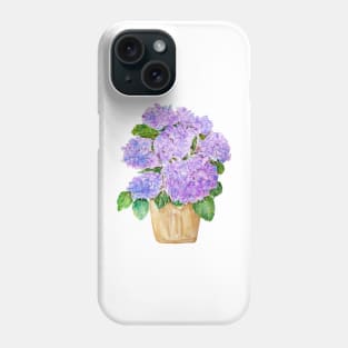 blue purple hydrangea in golden pot watercolor Phone Case