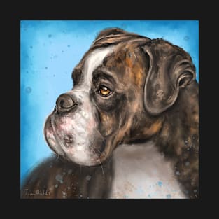 Painting of a Brindled Brown and White Boxer Dog Look to the Side on Blue Background T-Shirt