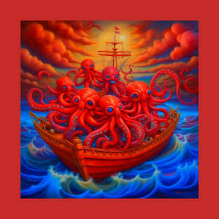 Octopus on a boat on a scary night T-Shirt