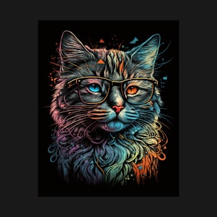 Retro Cat Art Wearing Glasses Splash Abstract Vibe Watercolor Vintage T-Shirt