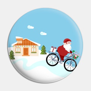 Santa Claus delivering gifts riding a bike Pin