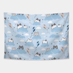 Seamless Pattern clouds Kite Cute Kawaii Cats Tapestry