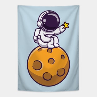 Cute Astronaut Sitting On Moon And Holding Star Tapestry