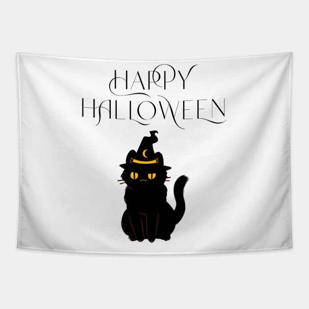 Cute Happy Halloween Black Cat Witch Hat T-Shirt/Halloween Apparel/Black Cat Merchandise/Fall Festival Material Tapestry by The Bunni Burrow