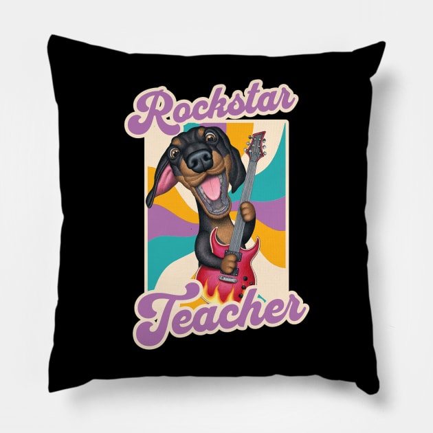 Rockstar Teacher with Dachshund Doxie Dog and guitar tee Pillow by Danny Gordon Art