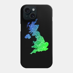 Colorful mandala art map of United Kingdom with text in blue and green Phone Case