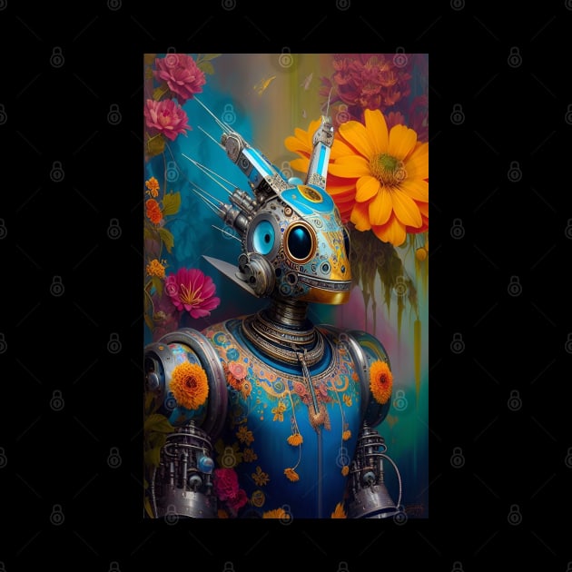 Tech and Nature Art - Stunning surreal beautiful robot and flowers by ZiolaRosa